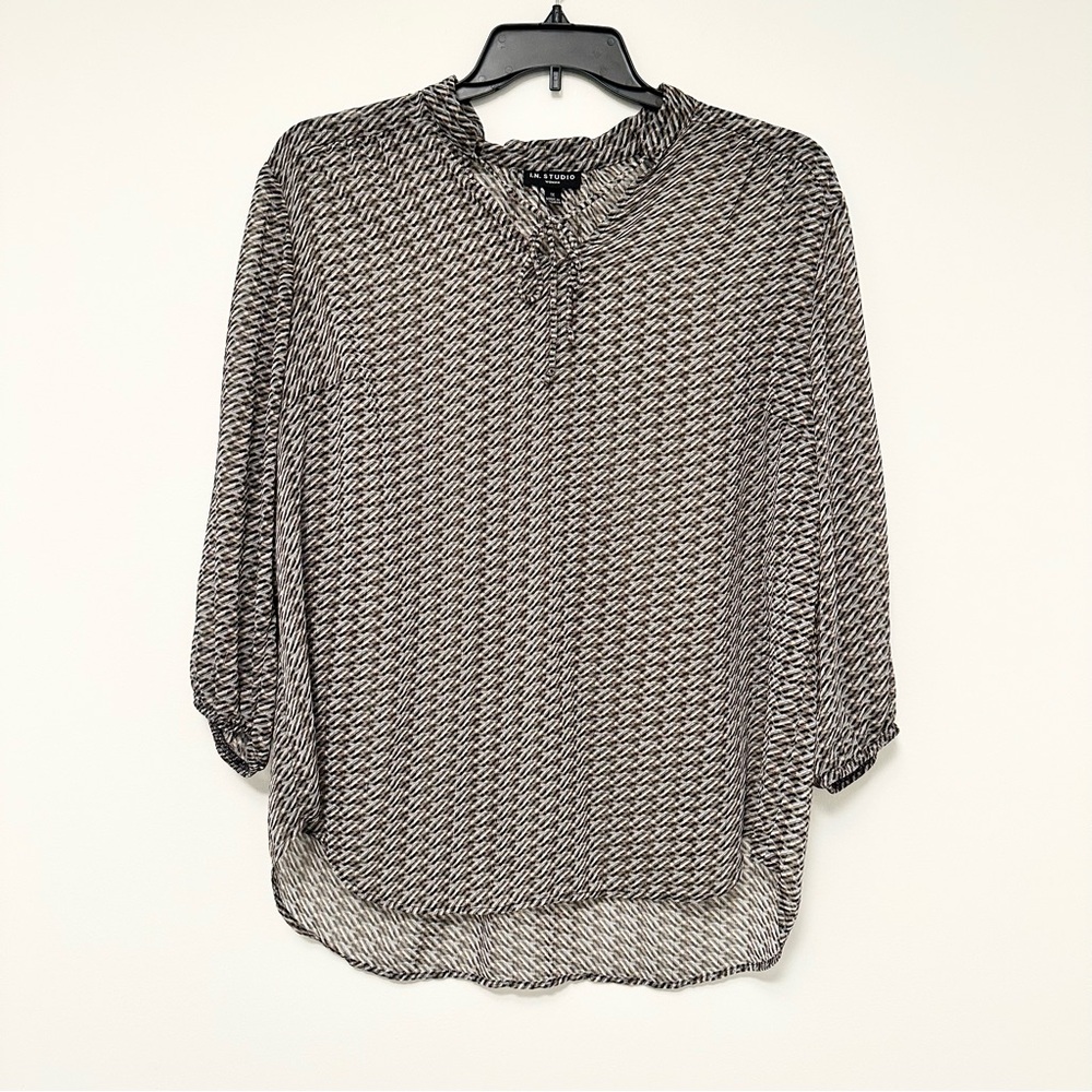 I.N. Studio Chic Black and White Sheer Houndstooth Blouse Women's Plus Size 1x